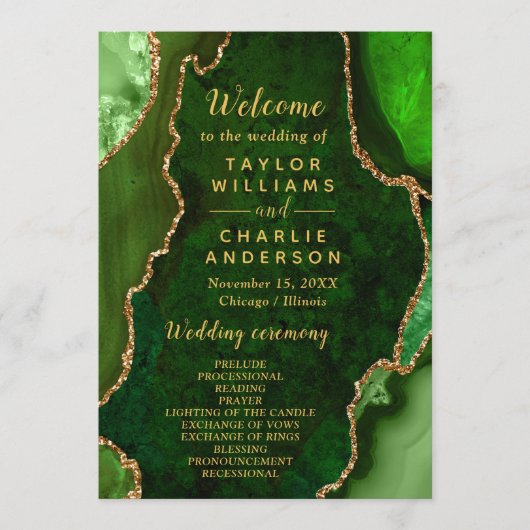 Green and Gold Agate Wedding Program Programmakaart (Voorkant)