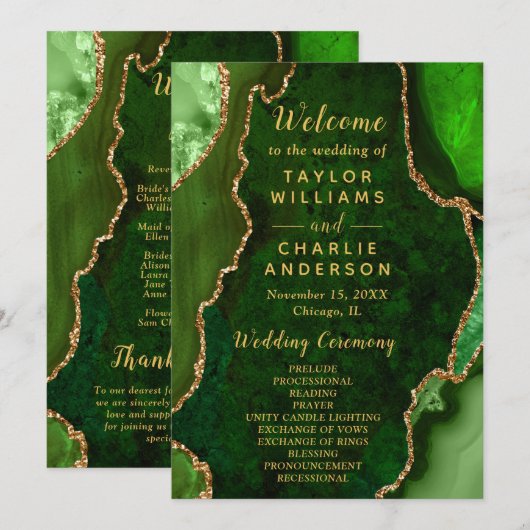 Green and Gold Agate Wedding Program Programmakaart (Voorkant / Achterkant)