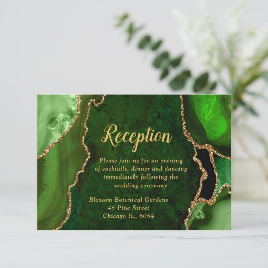 Green and Gold Agate Wedding Reception Informatiekaartje (Staand voorkant)