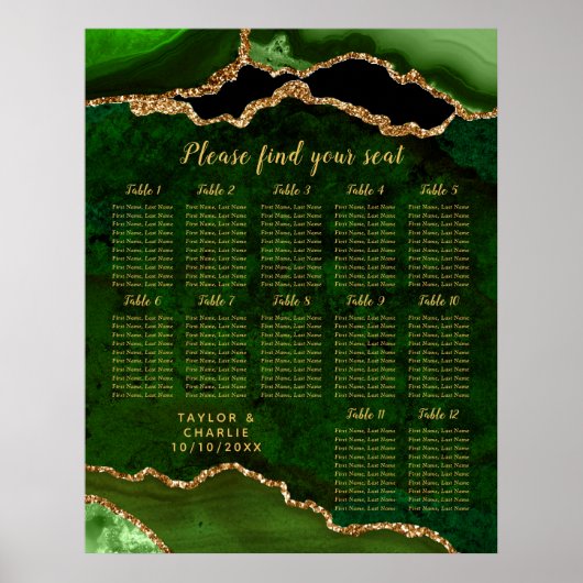 Green and Gold Agate Wedding Seating Chart Poster (Voorkant)
