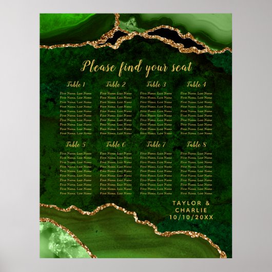 Green and Gold Agate Wedding Seating Chart Poster (Voorkant)