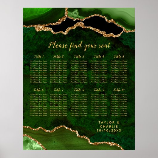 Green and Gold Agate Wedding Seating Chart Poster (Voorkant)