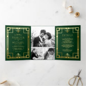Green and Gold Art Deco Photo Collage Wedding Drieluik Uitnodiging (Binnen)