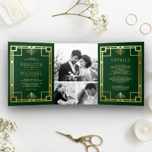 Green and Gold Art Deco Photo Collage Wedding Drieluik Uitnodiging