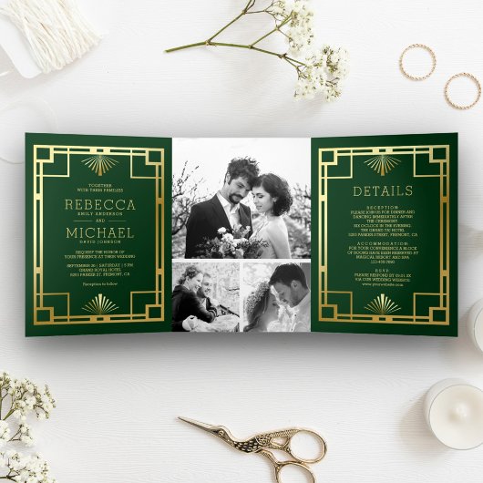 Green and Gold Art Deco Photo Collage Wedding Drieluik Uitnodiging