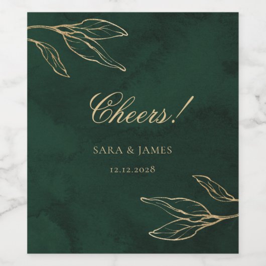 Green and Gold Botanical Leaves Wedding Wijn Etiket (Enkel label)
