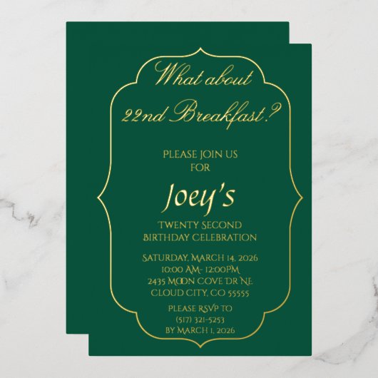 Green and Gold Breakfast Birthday Invitations Folie Uitnodiging (Voorkant / Achterkant)
