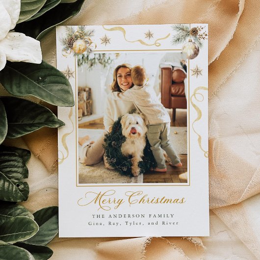 Green and Gold Christmas Photo Card Kaart
