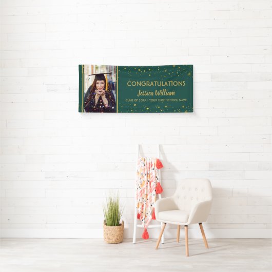 Green and Gold Confetti Afstuderen Foto-Afstuderen Spandoek (Insitu)