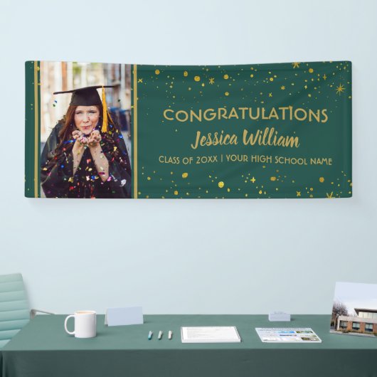 Green and Gold Confetti Afstuderen Foto-Afstuderen Spandoek (Beurs)