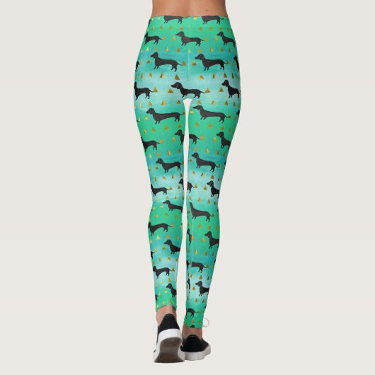 Green and Gold Dachshund Pattern Leggings (Achterkant)
