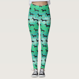 Green and Gold Dachshund Pattern Leggings