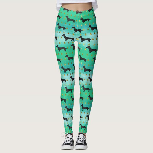 Green and Gold Dachshund Pattern Leggings (Voorkant)
