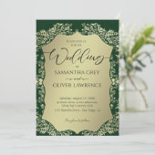 Green and Gold Damask Wedding Invitation Kaart (Staand voorkant)