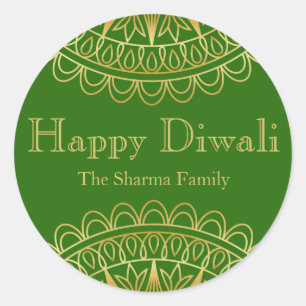 Green and Gold Diwali Party Favor Ronde Sticker