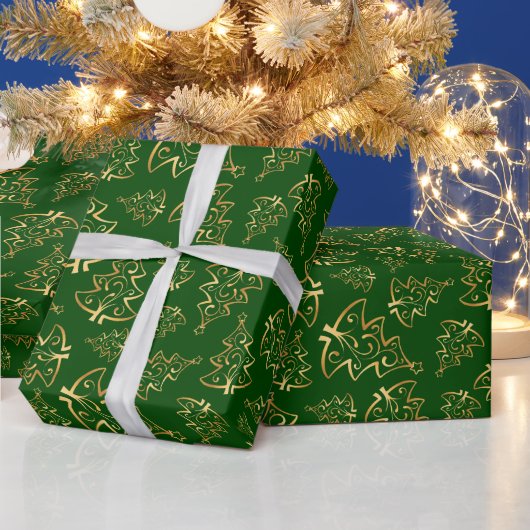Green and Gold Elegant Christmas Trees Cadeaupapier (Feestdagen)