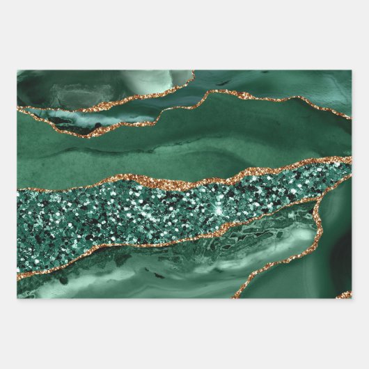 Green and Gold Faux Glitter Agate Inpakpapier Vel (Voorkant 3)