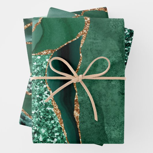 Green and Gold Faux Glitter Agate Inpakpapier Vel (In situ)
