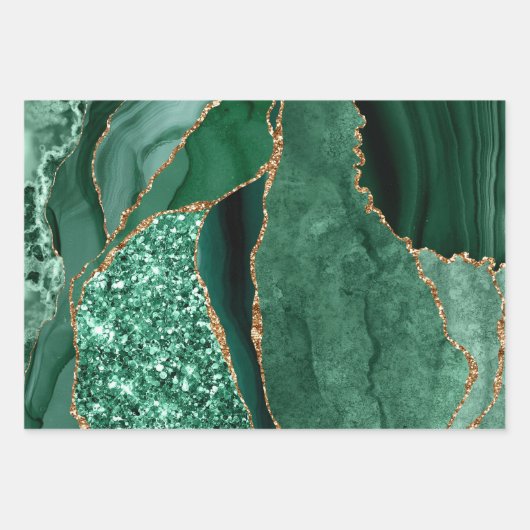 Green and Gold Faux Glitter Agate Inpakpapier Vel (Voorkant)