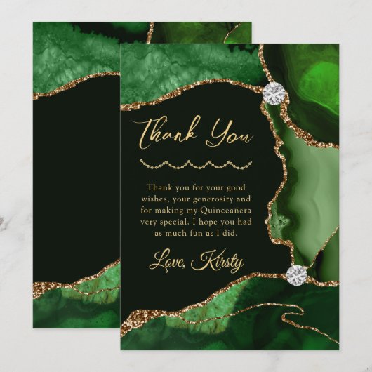 Green and Gold Faux Glitter Agate Quinceanera Bedankkaart (Voorkant / Achterkant)