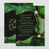 Green and Gold Faux Glitter Agate Quinceanera Kaart (Voorkant / Achterkant)