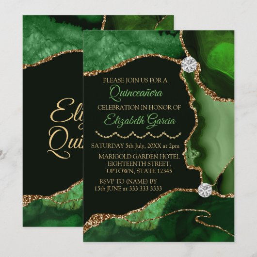 Green and Gold Faux Glitter Agate Quinceanera Kaart (Voorkant / Achterkant)