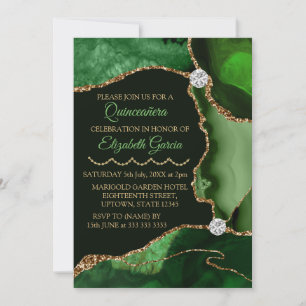 Green and Gold Faux Glitter Agate Quinceanera Kaart