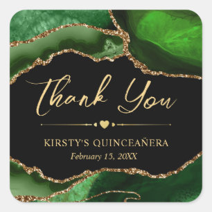 Green and Gold Faux Glitter Agate Quinceanera Vierkante Sticker
