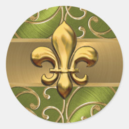 Green and Gold Filigree Swirls Fleur de Lis Ronde Sticker