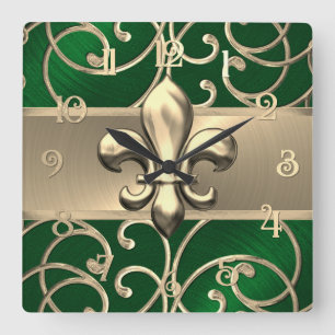 Green and Gold Filigree Swirls Fleur de Lis Vierkante Klok