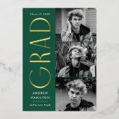 Green and Gold Foil 3 Foto Graduparty Folie Uitnodiging (Voorkant)
