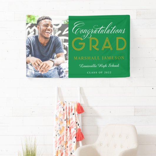 Green and Gold Gefeliciteerd Afstuderen Foto Spandoek (Insitu)