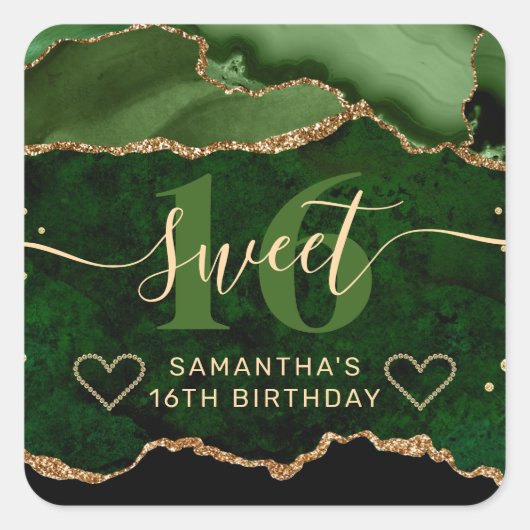 Green and Gold Glitter Agate Marble Sweet 16 Vierkante Sticker (Voorkant)
