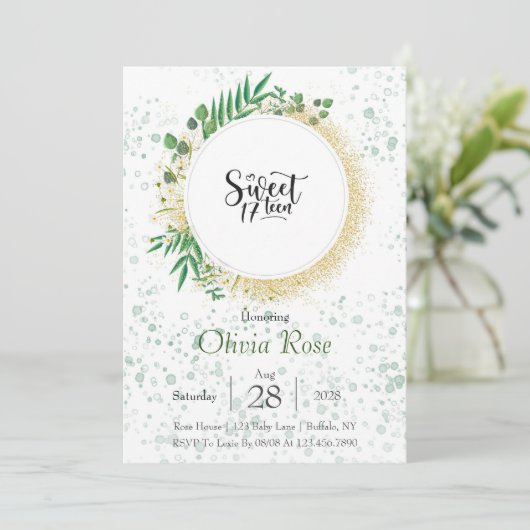 Green and Gold Glitter Sweet 17th Birthday Party Kaart (Staand voorkant)