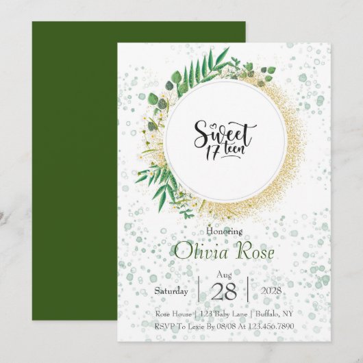 Green and Gold Glitter Sweet 17th Birthday Party Kaart (Voorkant / Achterkant)