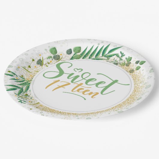 Green and Gold Glitter Sweet 17th Birthday Party Papieren Bordje (Gekanteld)