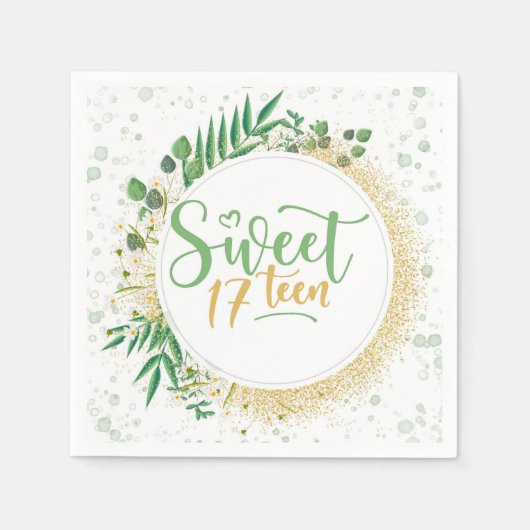 Green and Gold Glitter Sweet 17th Birthday Party Servet (Voorkant)
