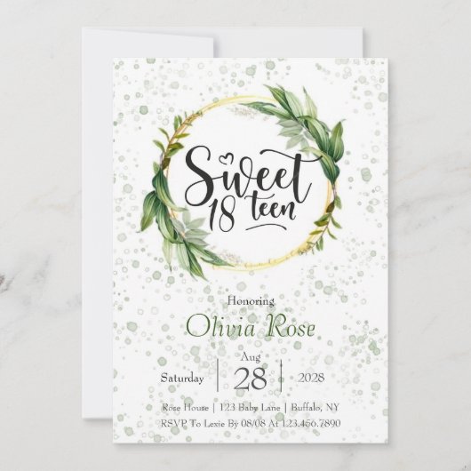 Green and Gold Glitter Sweet 18th Birthday Party Kaart (Voorkant)