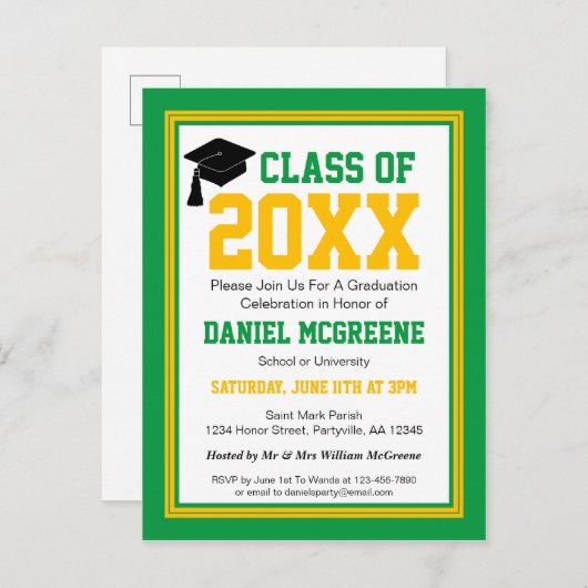 Green and Gold Graduation Party Uitnodiging Briefkaart (Voorkant / Achterkant)