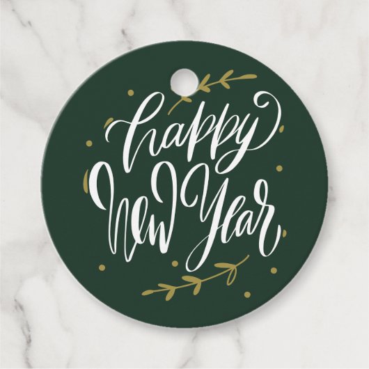 Green and Gold Happy New Year Calligraphy Wreath Bedankjes Labels (Voorkant)