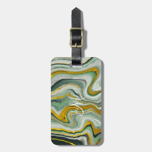 Green and Gold Kintsugi Agate Marble Abstract Bagagelabel (Voorkant verticaal)