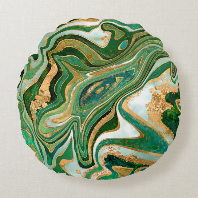 Green and gold liquid marble abstract rond kussen (Voorkant)