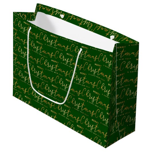 Green and Gold Merry Christmas Word Art Groot Cadeauzakje (Voorkant Gekanteld)