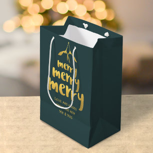 Green and Gold Merry Mistletoe Holiday Gift Bag Medium Cadeauzakje