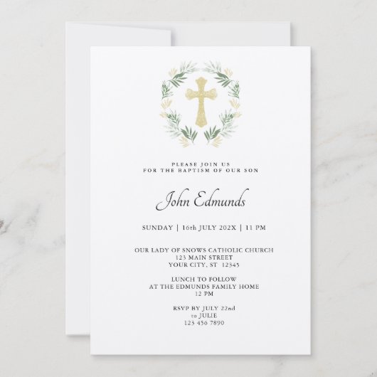 Green and Gold Minimalist Baptism Invitation Kaart (Voorkant)