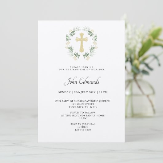 Green and Gold Minimalist Baptism Invitation Kaart (Staand voorkant)