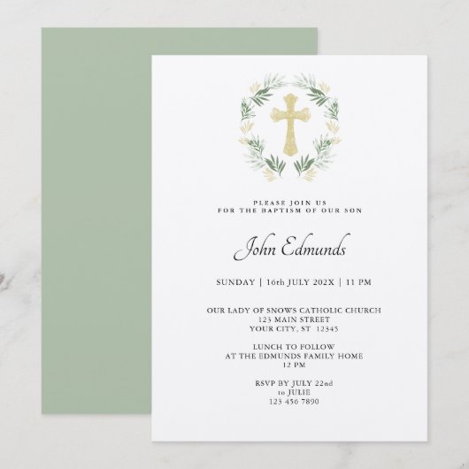 Green and Gold Minimalist Baptism Invitation Kaart (Voorkant / Achterkant)