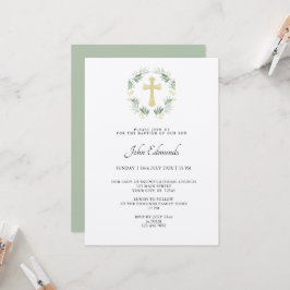 Green and Gold Minimalist Baptism Invitation Kaart