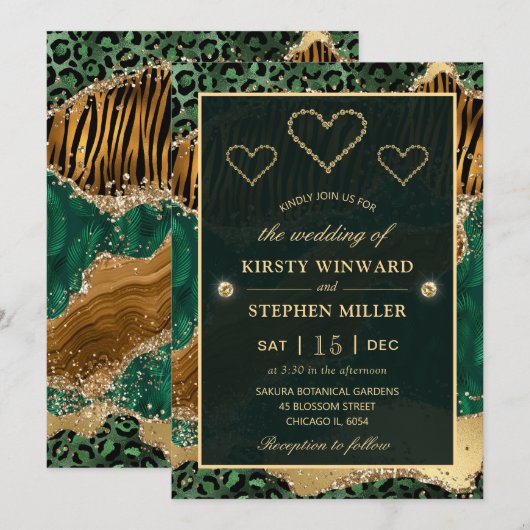 Green and Gold Oerwoud Safari Agate Wedding Kaart (Voorkant / Achterkant)