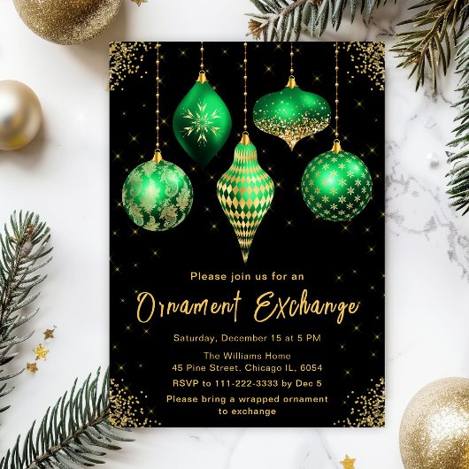 Green and Gold Ornament Exchange Party Kaart